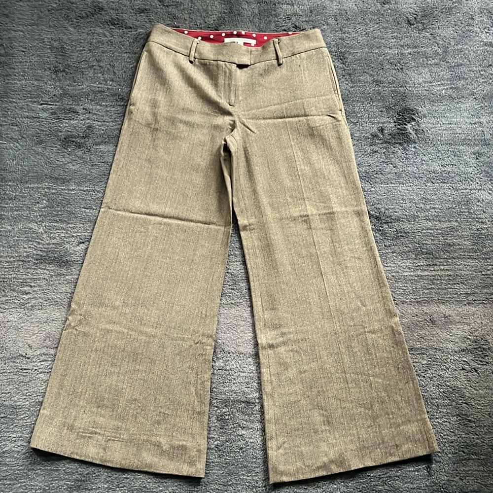 Diane von Furstenberg sz 12 wide flare leg wool pant used herringbone knit brown